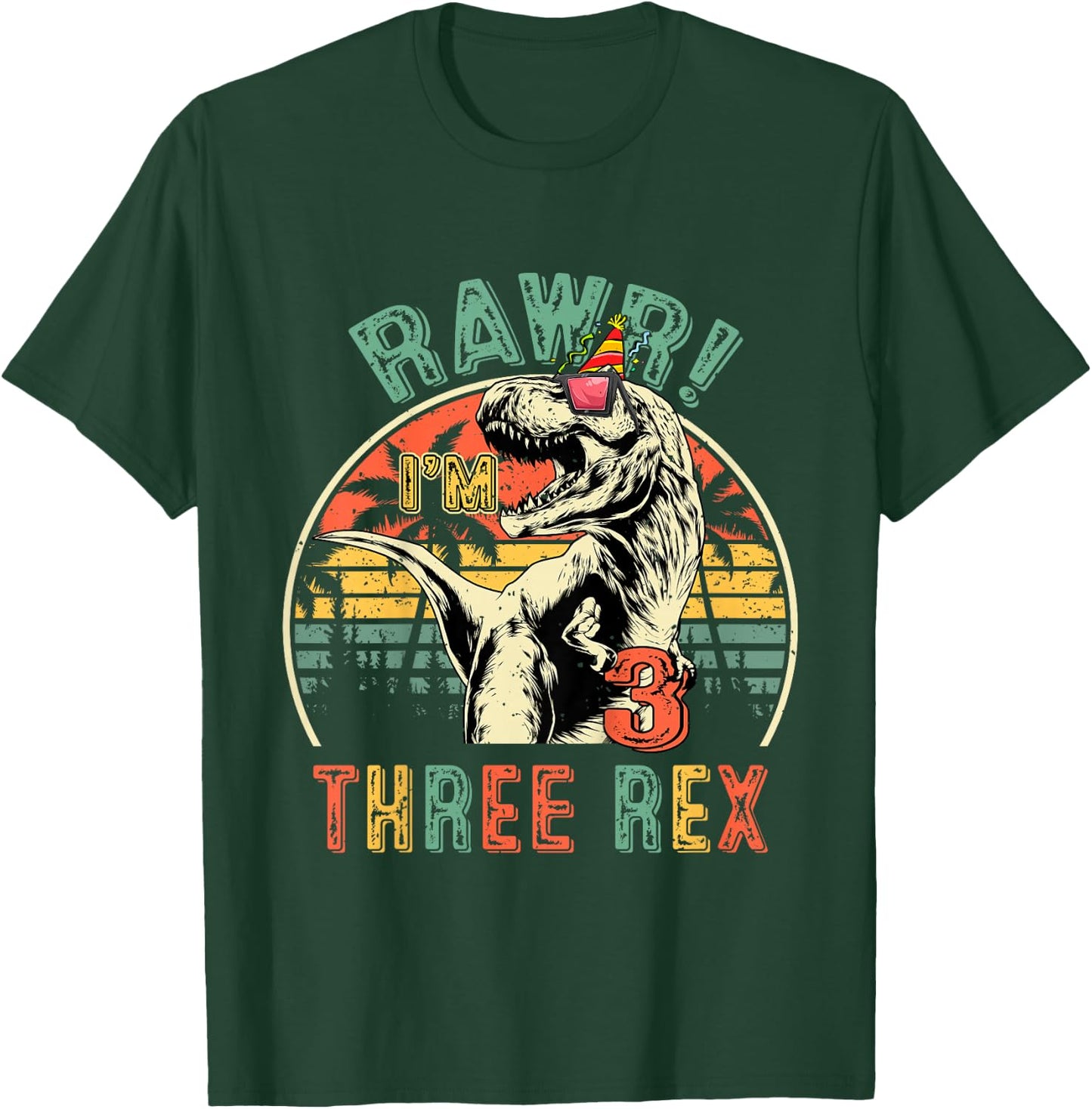 Kids Three Rex Birthday Party Outfit Dinosaur 3 Year Old Boy T-Shirt - T-Shirt | Forest