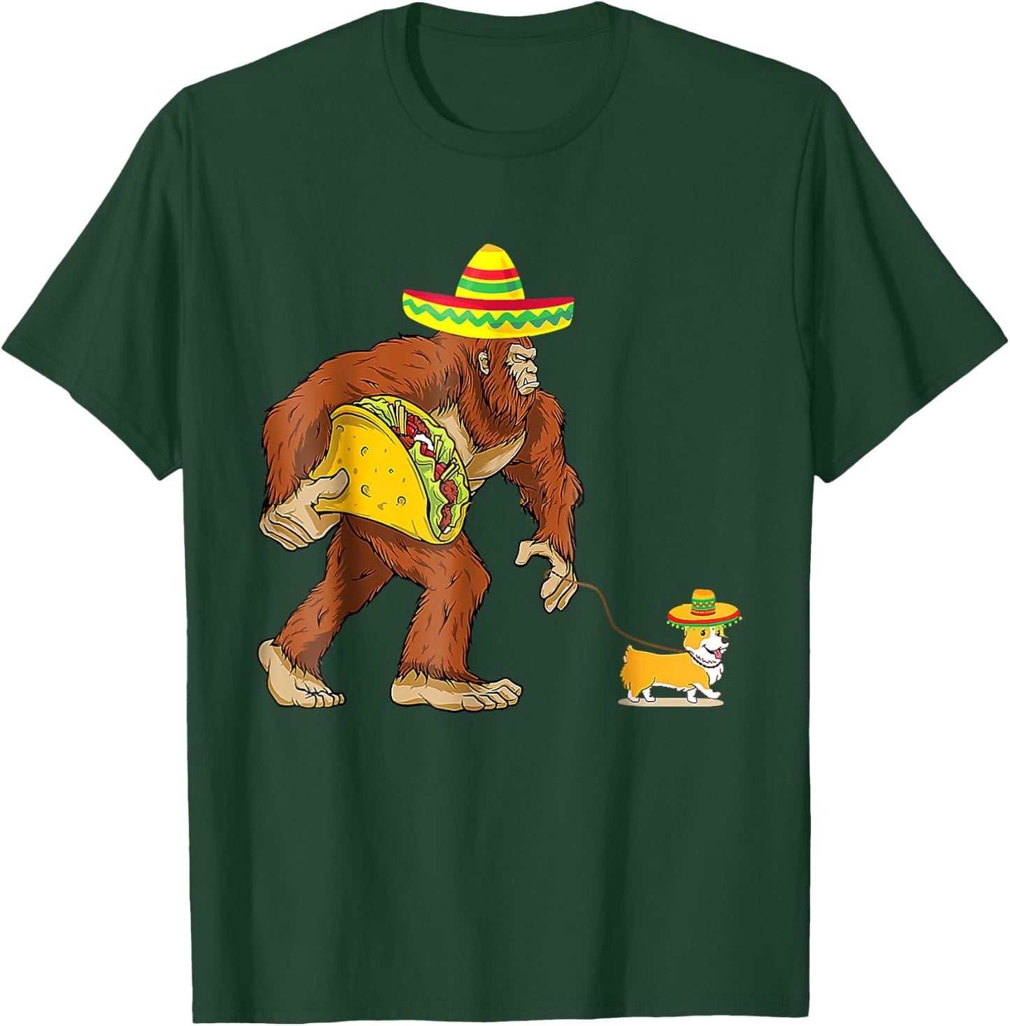 Bigfoot Steal Taco Corgi Dog Funny Cinco De Mayo Men Women T-Shirt - T-Shirt | Forest