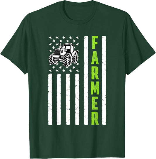 Tractor American USA Flag Farm Rancher Farmer T-Shirt - T-Shirt | Forest