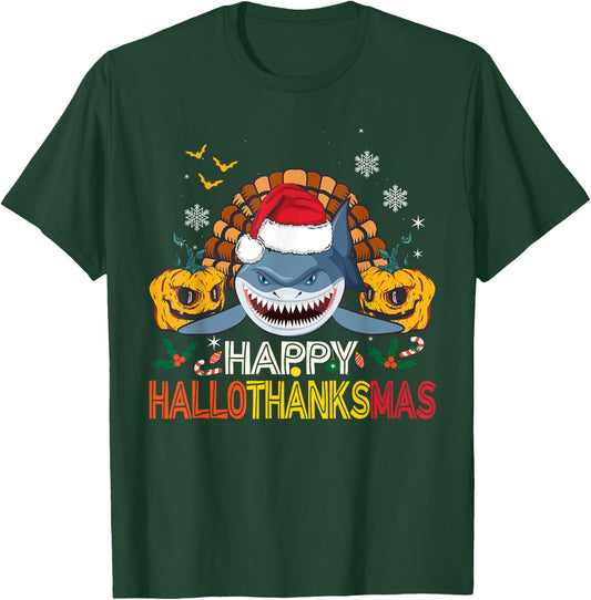 Happy HalloThanksMas Shark Halloween Thanksgiving Christmas T-Shirt - T-Shirt | Forest