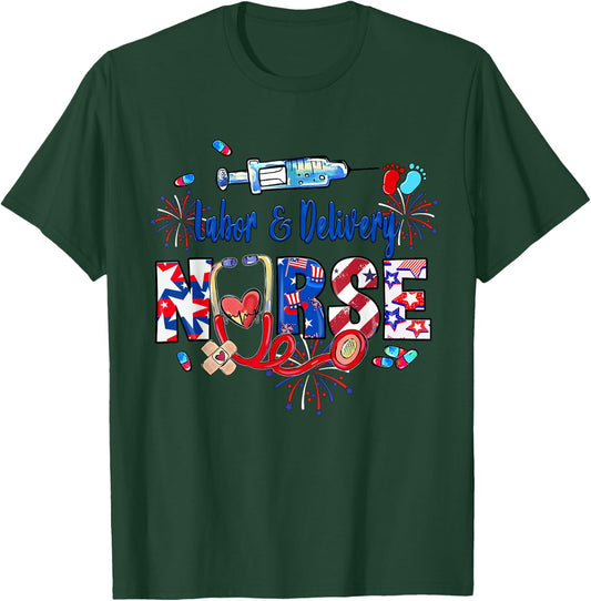 Labor & Delivery Nurse American Flag Patriotic 4th Of July Men T-Shirt - T-Shirt | Forest
