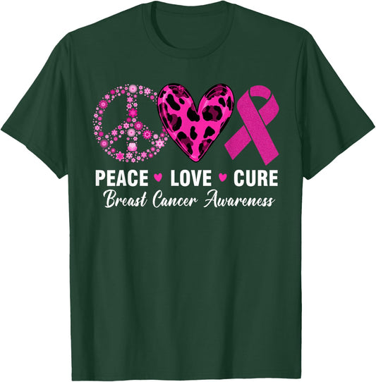 Peace Love Cure Breast Cancer Awareness Flower Peace Sign T-Shirt - T-Shirt | Forest
