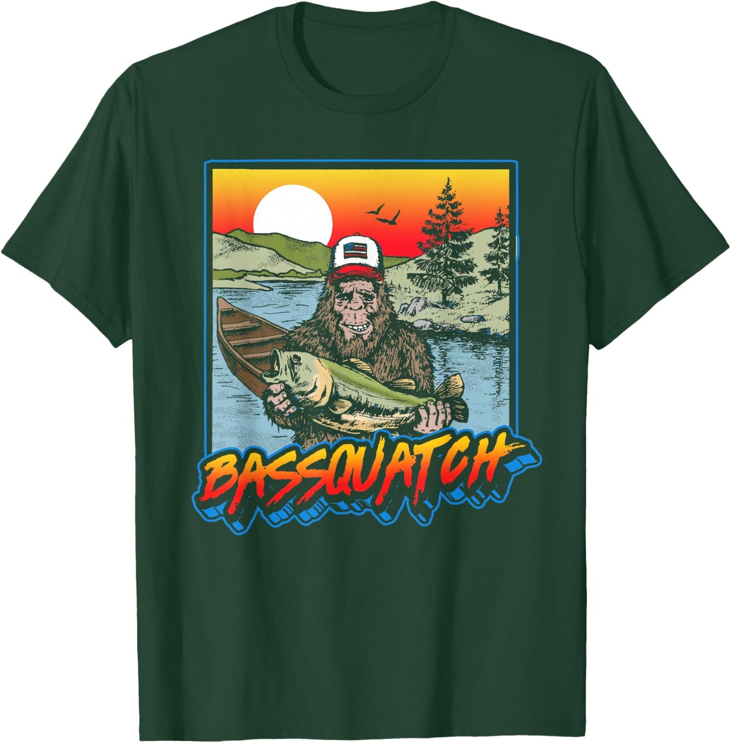 Bassquatch! Funny Bass Fishing Sasquatch Retro 80s T-Shirt - T-Shirt | Forest