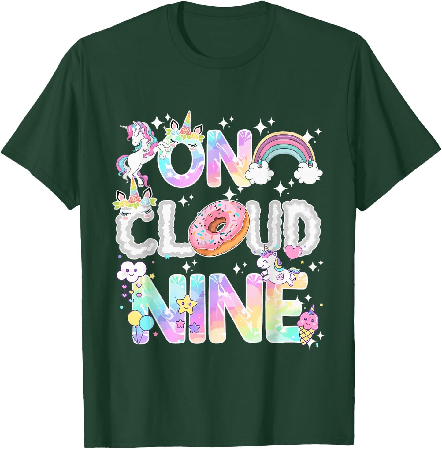 On Cloud Nine Unicorn Donut Birthday Shirt, 9th Birthday T-Shirt - T-Shirt | Forest