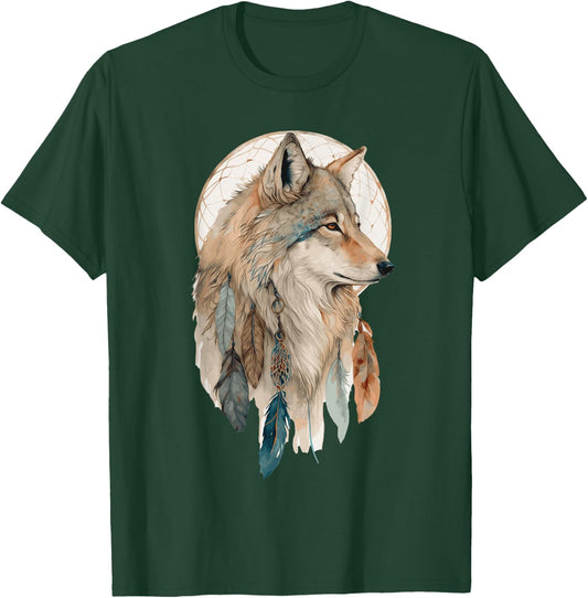 Wolf Tribal Watercolor Wolf Dream Catcher T-Shirt - T-Shirt | Forest