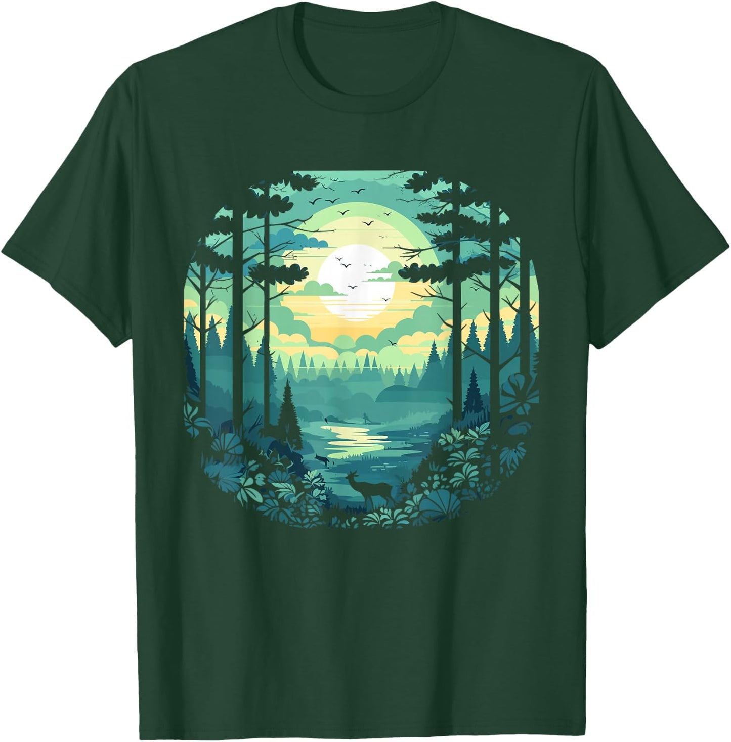 Sunset Forest And Nature Pine Tree Teal T-Shirt - T-Shirt | Forest