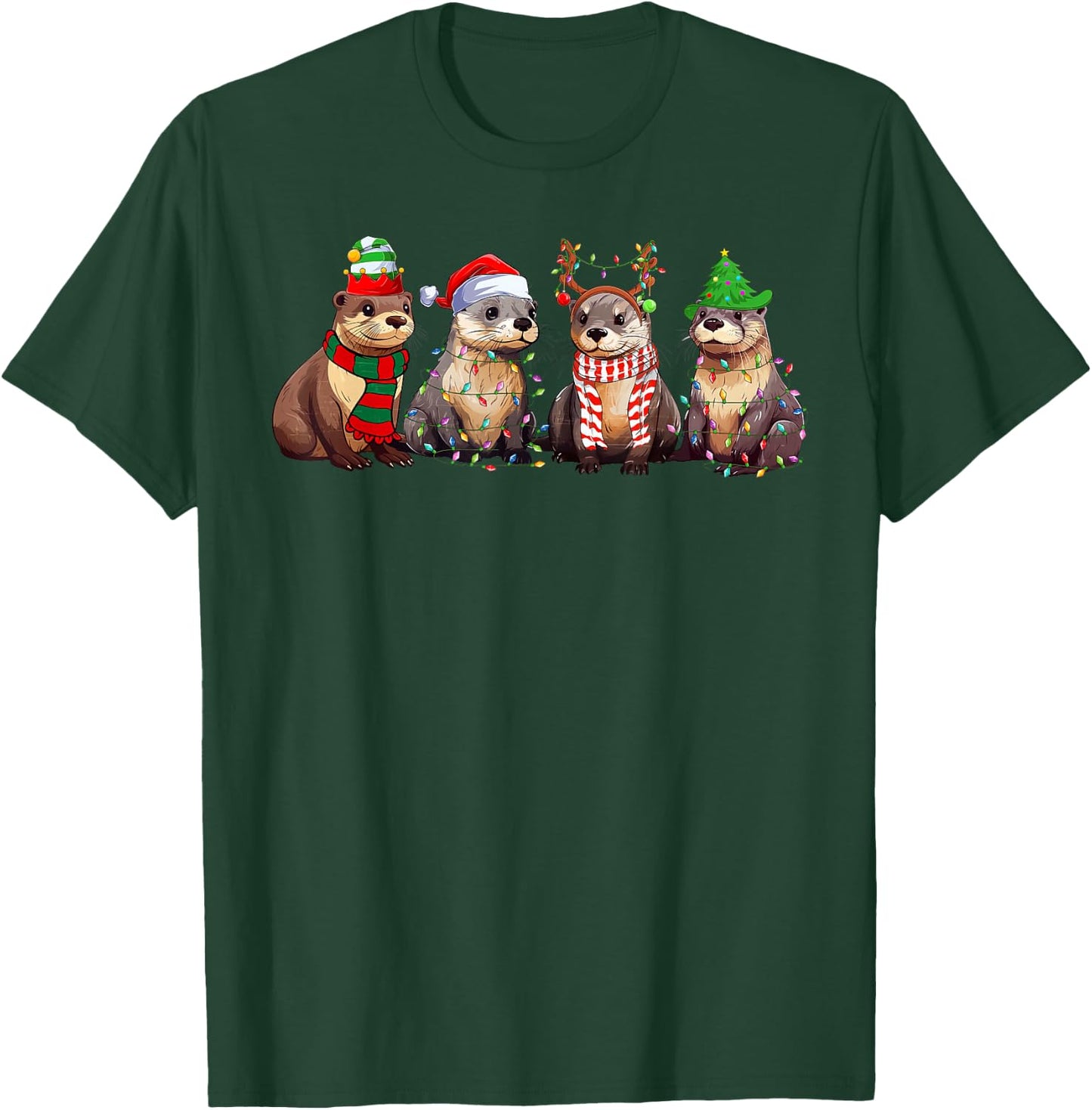Cute Otter Christmas Pajama Funny Xmas Lights Animals Lover T-Shirt - T-Shirt | Forest