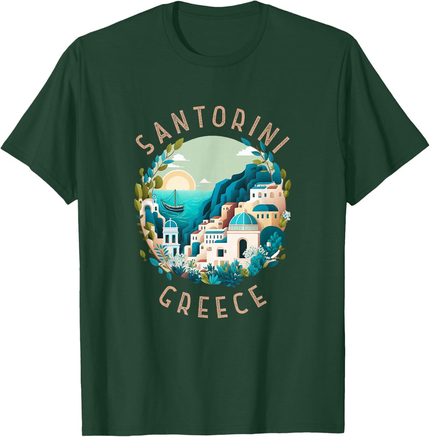 Santorini Greece Retro Distressed Circle T-Shirt - T-Shirt | Forest