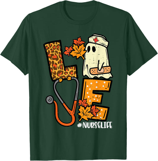 Leopard Ghost Nurse Halloween Costume Fall Scrub Top Women T-Shirt - T-Shirt | Forest