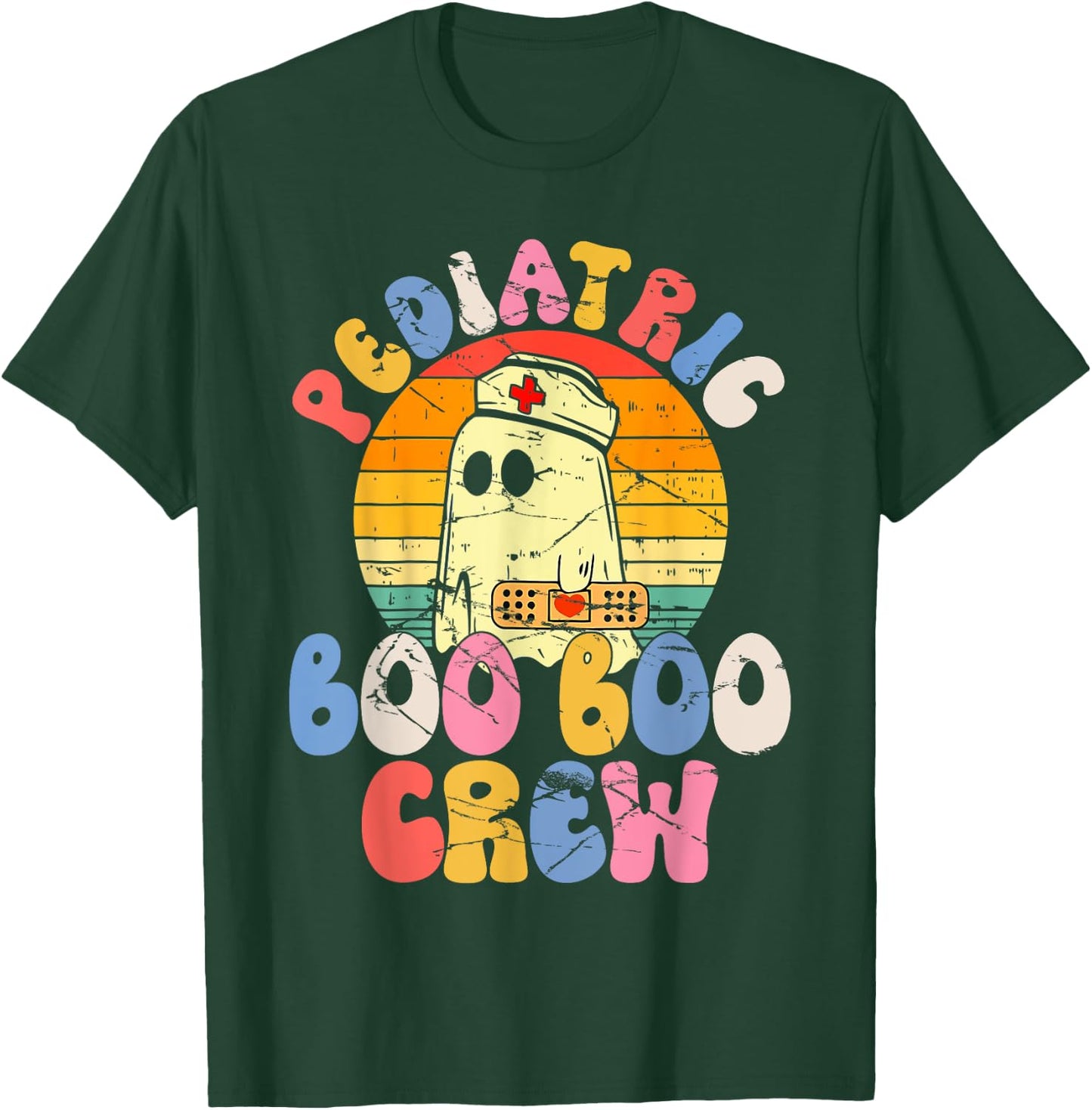 Groovy Ghost Halloween Pediatric RN Nurse Boo Boo Crew T-Shirt - T-Shirt | Forest