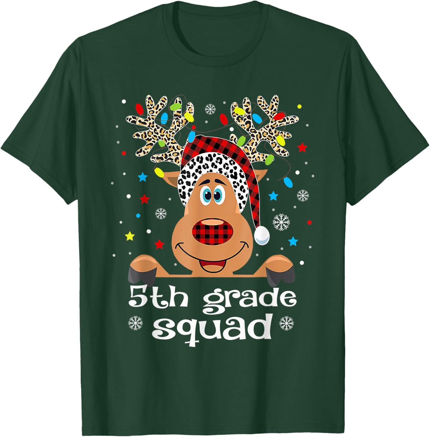 5th Grade Squad Plaid Reindeer Santa Hat Teacher Christmas T-Shirt - T-Shirt | Forest