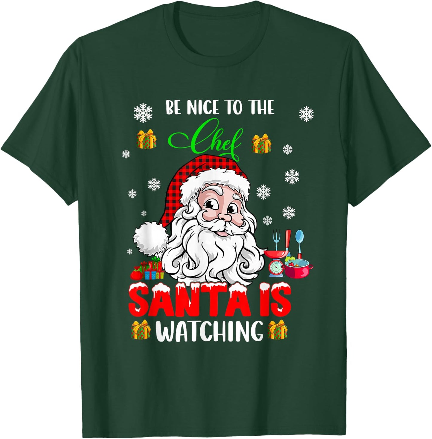Be Nice to The Chef Santa is Watching Xmas Santa Face Chef T-Shirt - T-Shirt | Forest