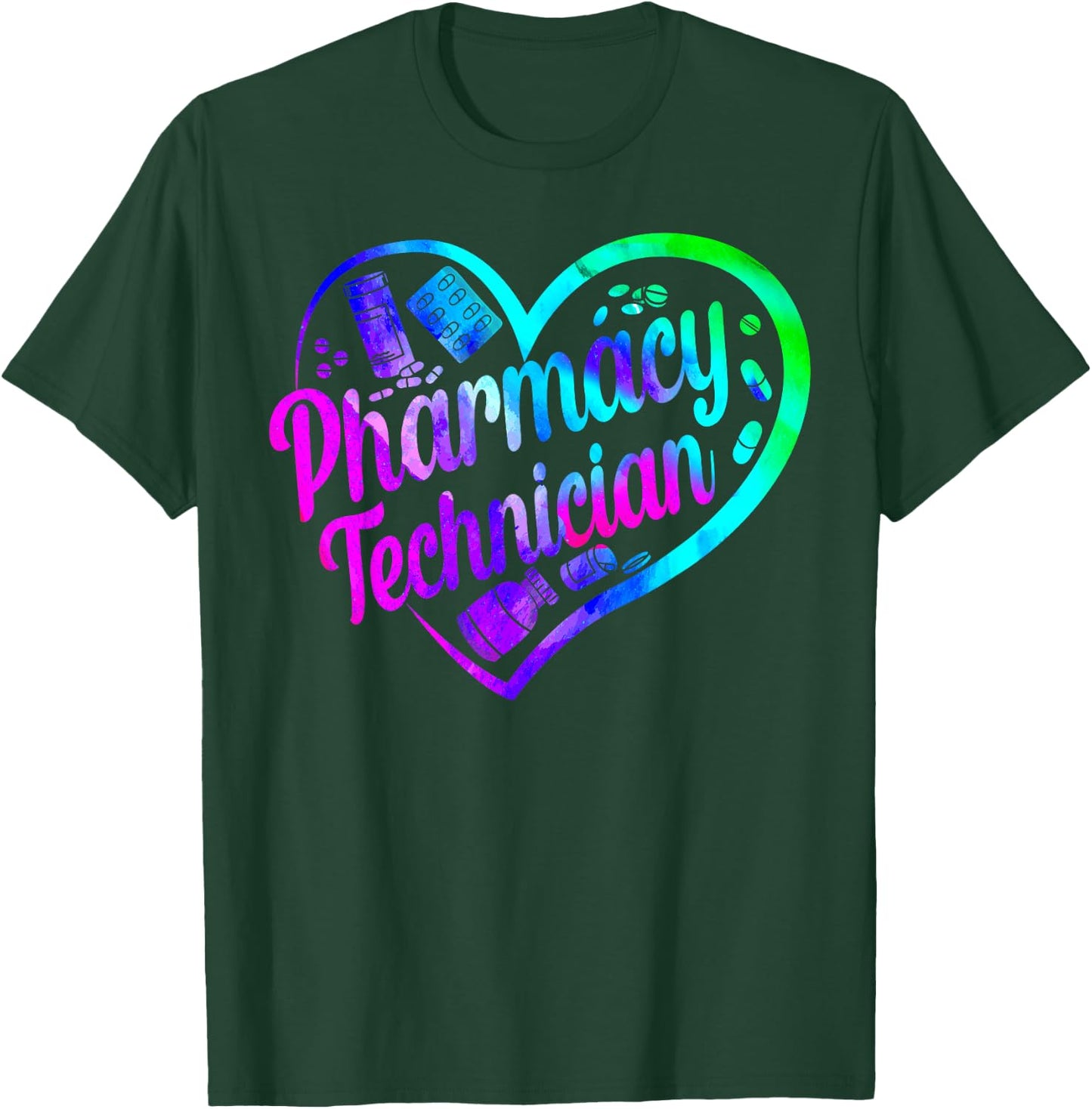 Pharmacy Tech Technician Pharmacist Student Heart Watercolor T-Shirt - T-Shirt | Forest