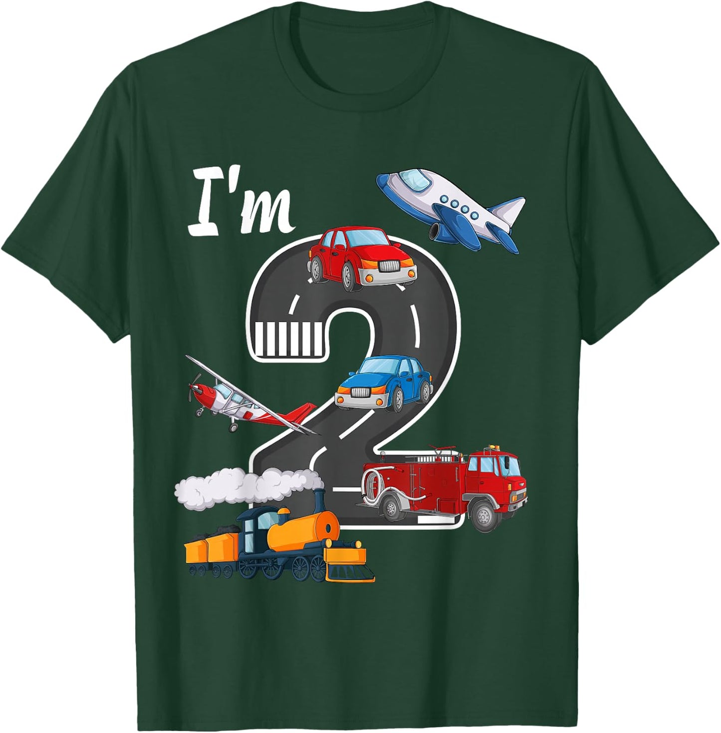 Trains Car Fire Truck Airplane 2nd Birthday Boy 2 Year Old T-Shirt - T-Shirt | Forest
