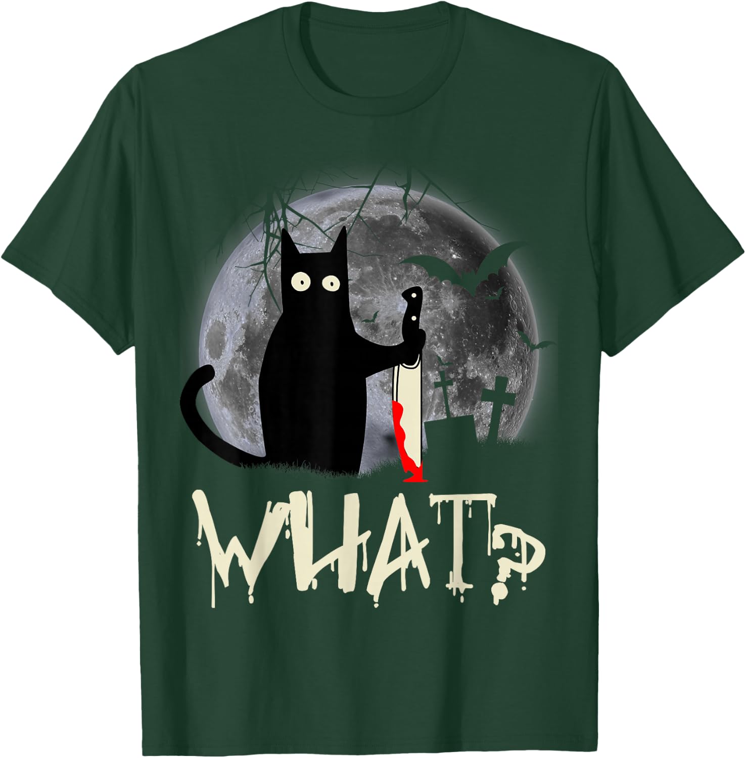 Funny Cat What? Murderous Black Cat With Knife Halloween T-Shirt - T-Shirt | Forest