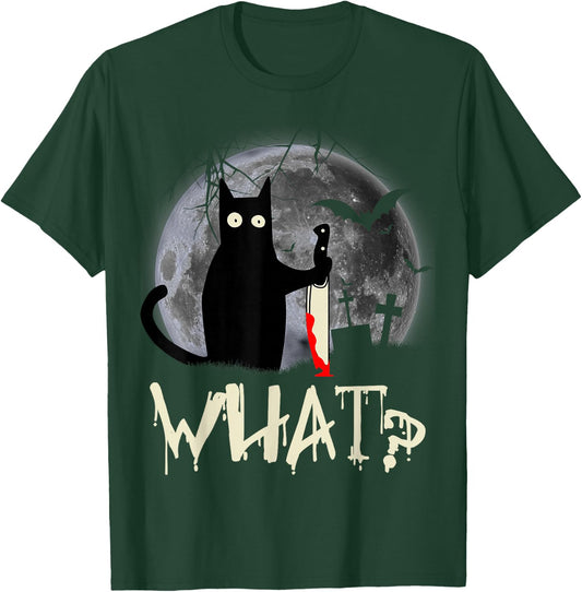 Funny Cat What? Murderous Black Cat With Knife Halloween T-Shirt - T-Shirt | Forest