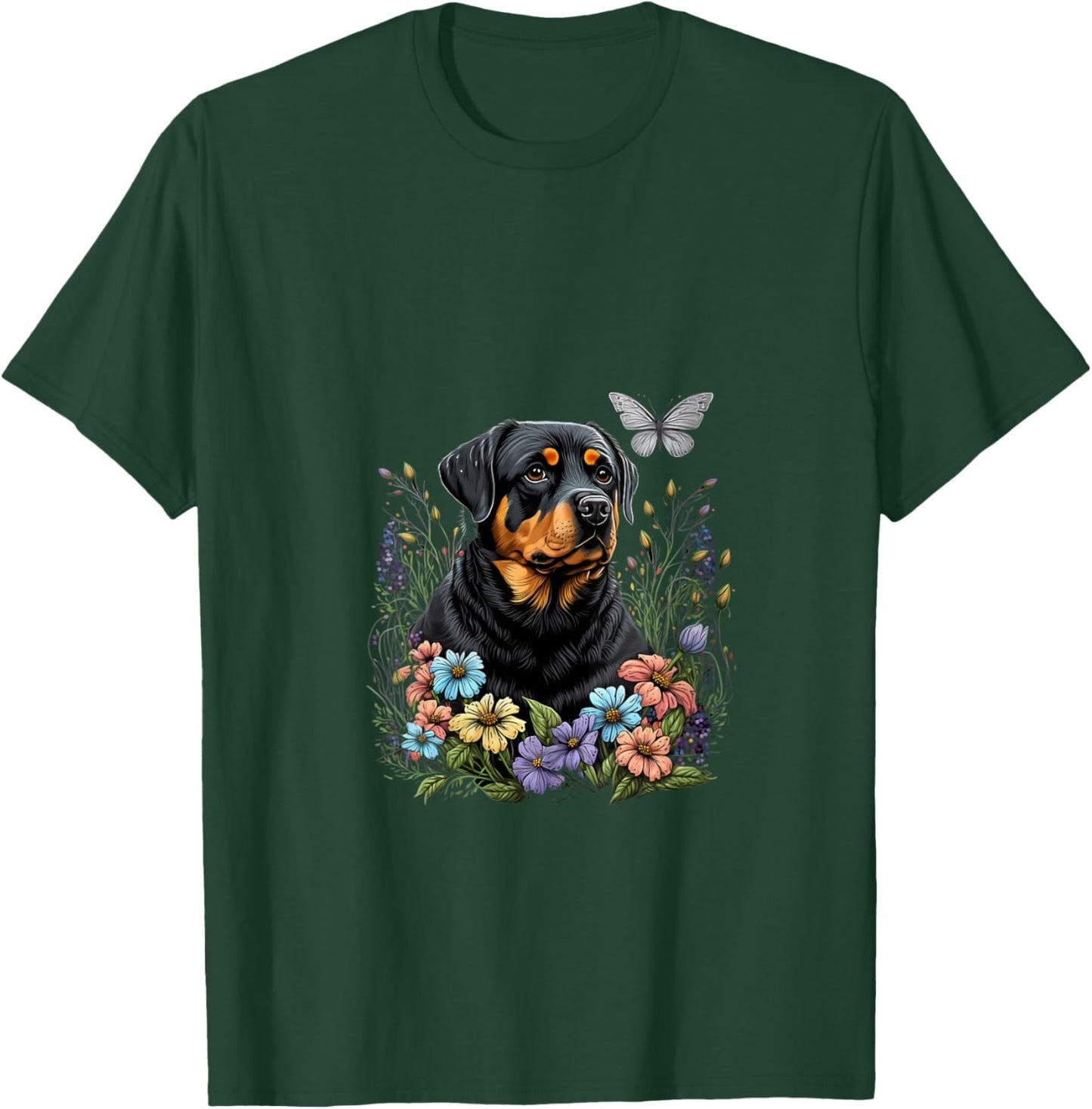 Women's Rottweiler and Butterfly in the Spring Garden Floral Black V-Neck T-Shirt - T-Shirt | Forest