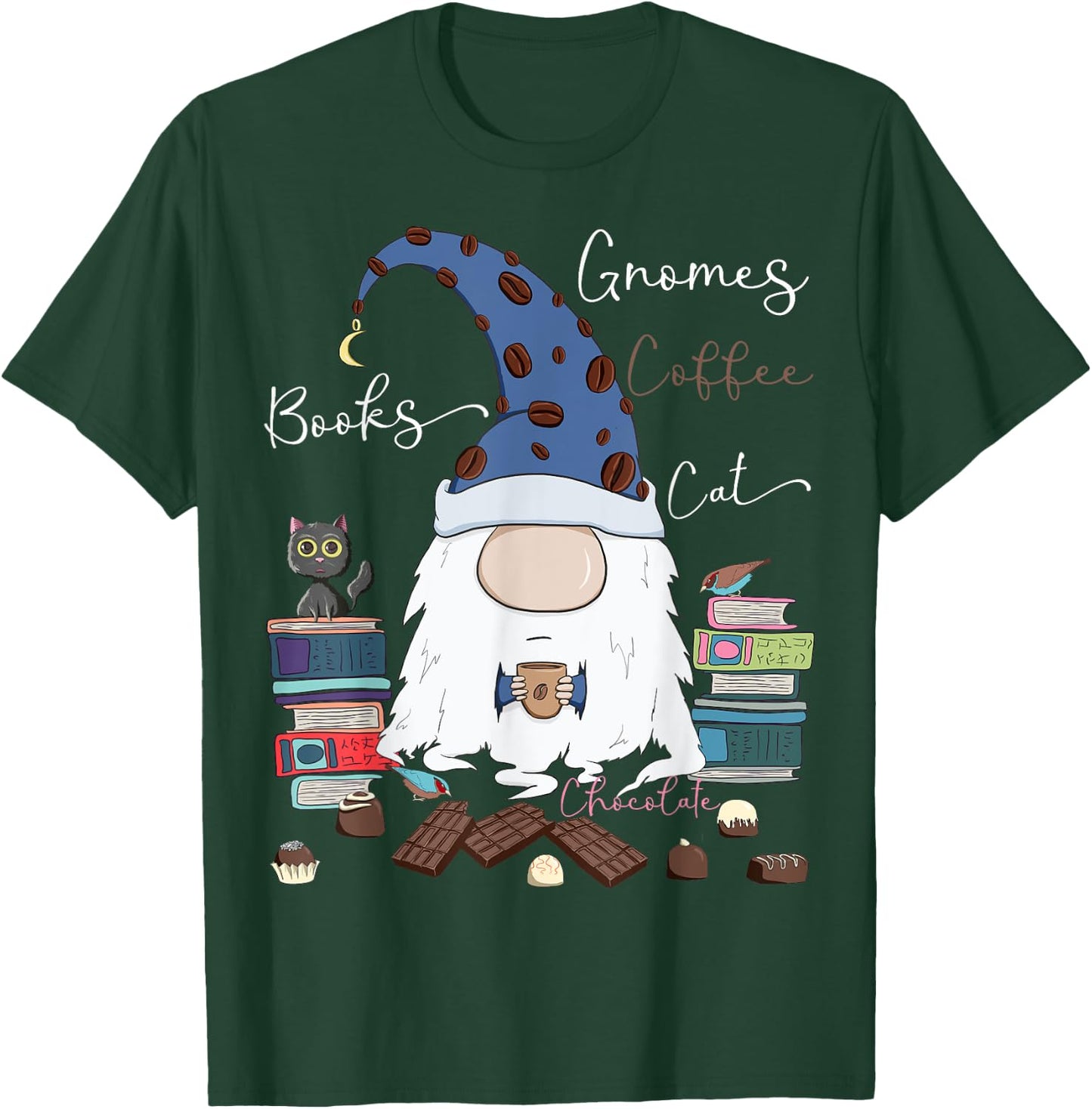 Gnomes Coffee Books Cat Chocolate Funny Gnome & Coffee Lover Men Women Girls Kids T-Shirt - T-Shirt | Forest