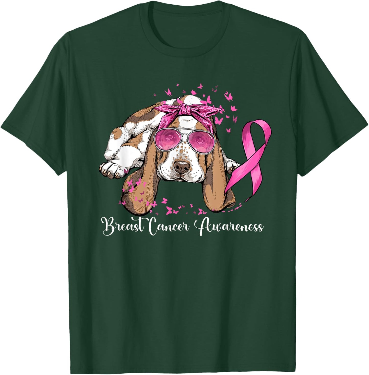 Basset Hound Dog Lover Pink Ribbon Breast Cancer Awareness Men Women T-Shirt - T-Shirt | Forest