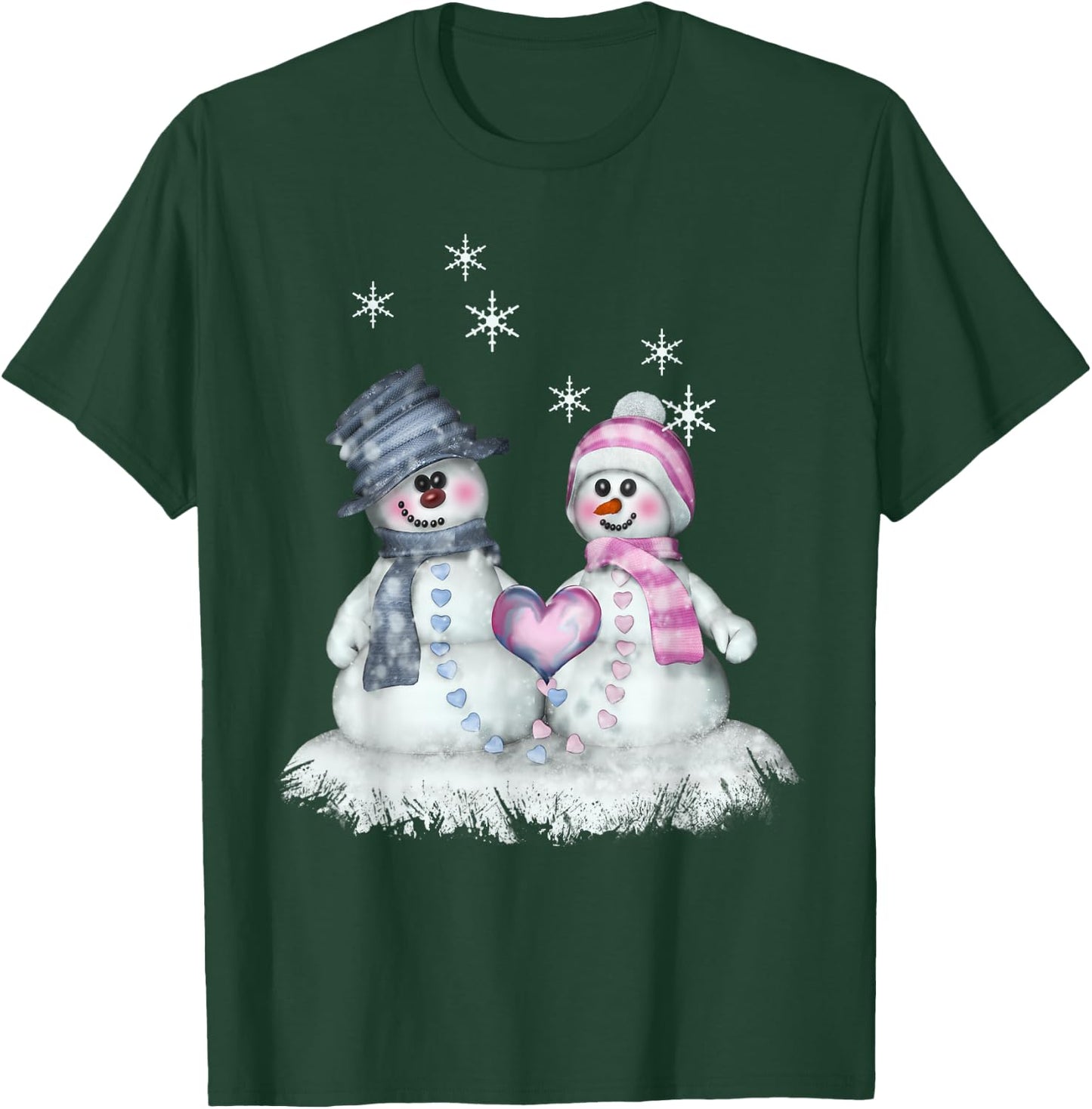 Snowman & Snowwoman with Heart Winter Motif T-Shirt - T-Shirt | Forest