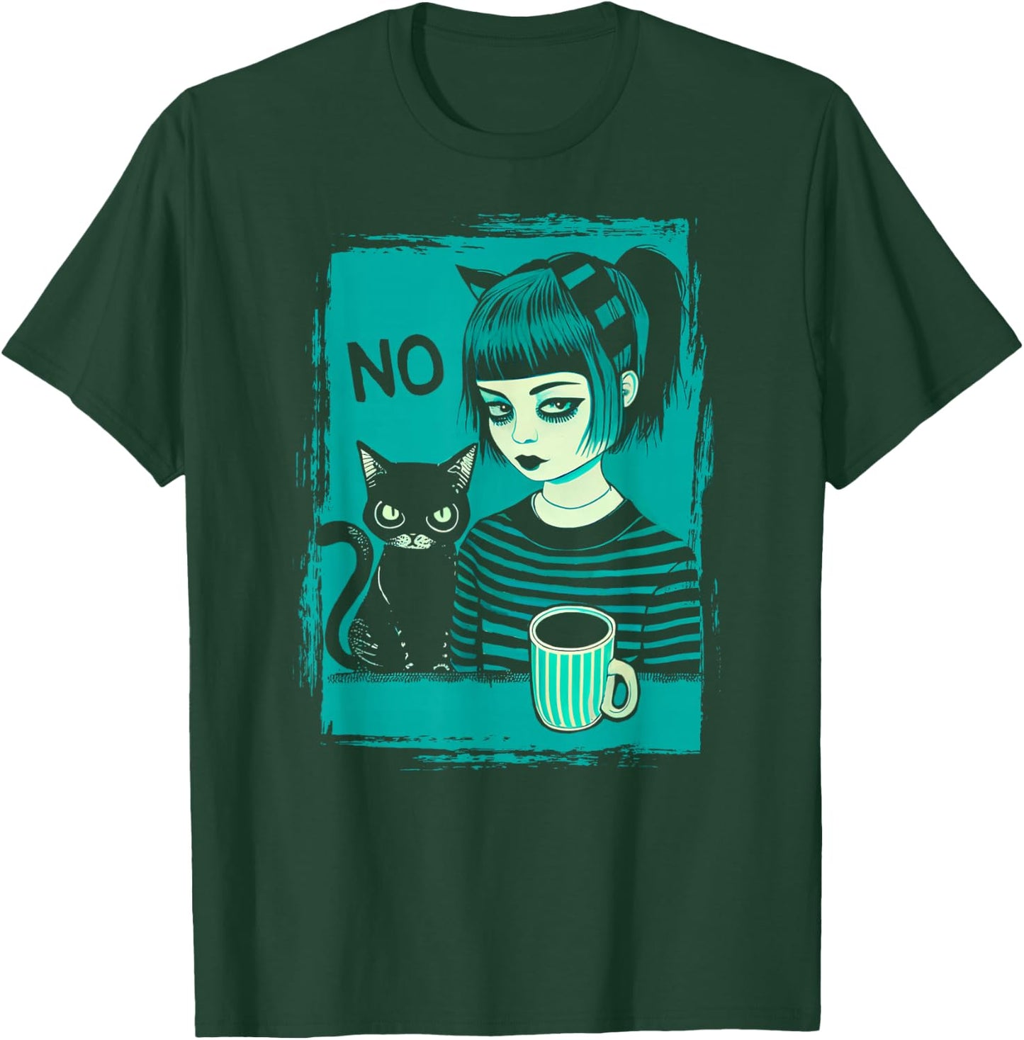 Dark At Heart Punk Goth Girl Says No With Cat And Coffee T-Shirt - T-Shirt | Forest