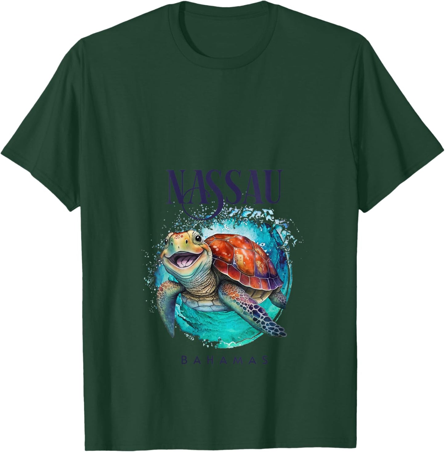 Nassau Bahamas Watercolor Happy Sea Turtle V-Neck T-Shirt - T-Shirt | Forest