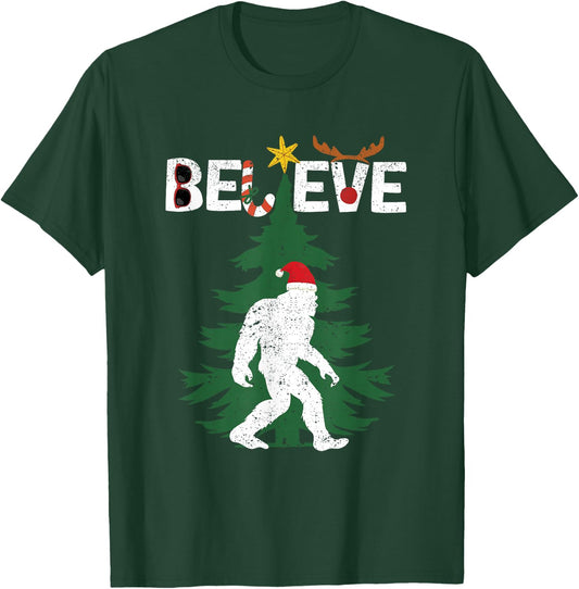 Believe Bigfoot Sasquatch Yeti Santa Hat Christmas Pajamas T-Shirt - T-Shirt | Forest