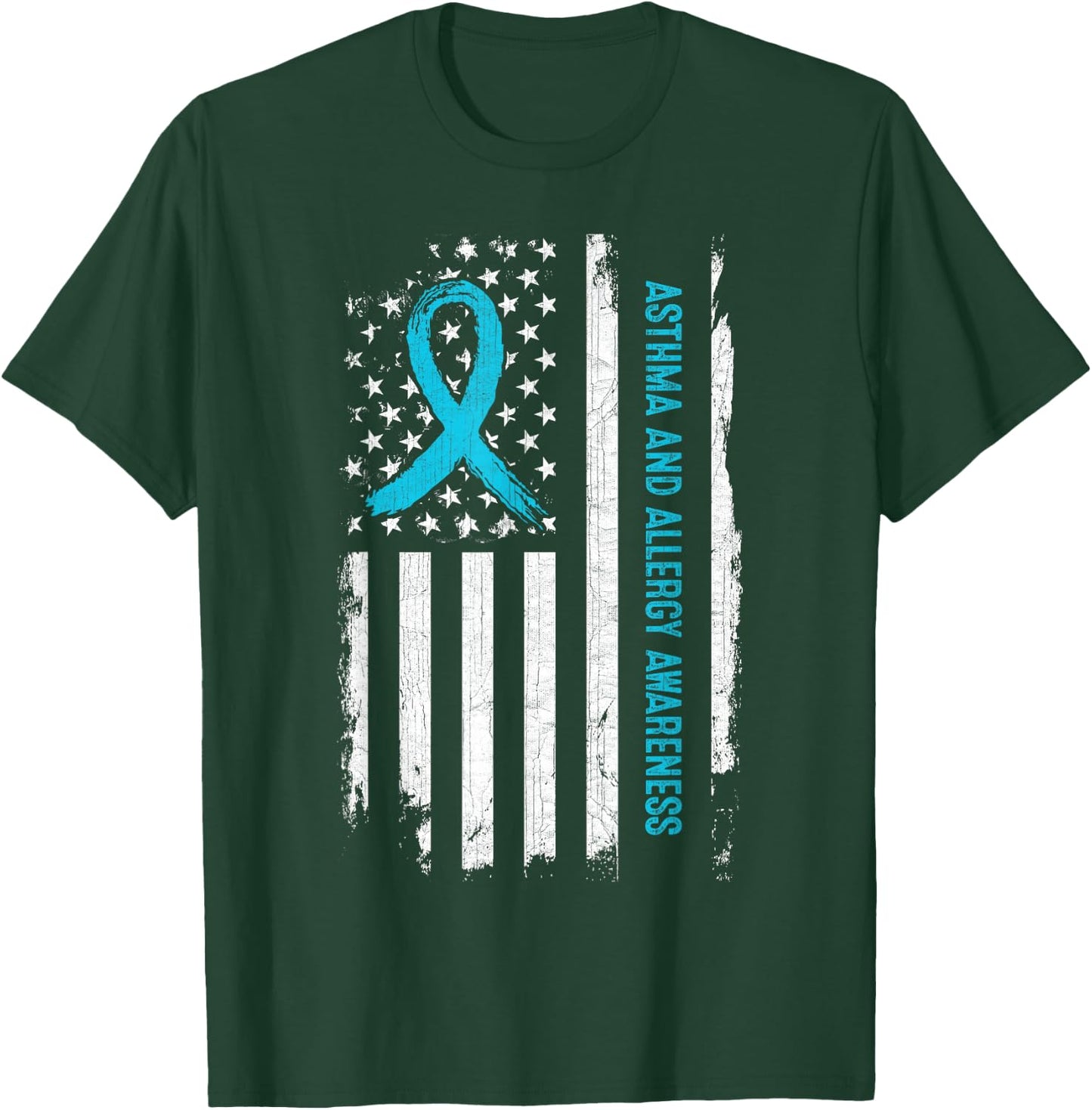 Asthma and Allergy Awareness American Flag Light Blue Ribbon Men T-Shirt - T-Shirt | Forest