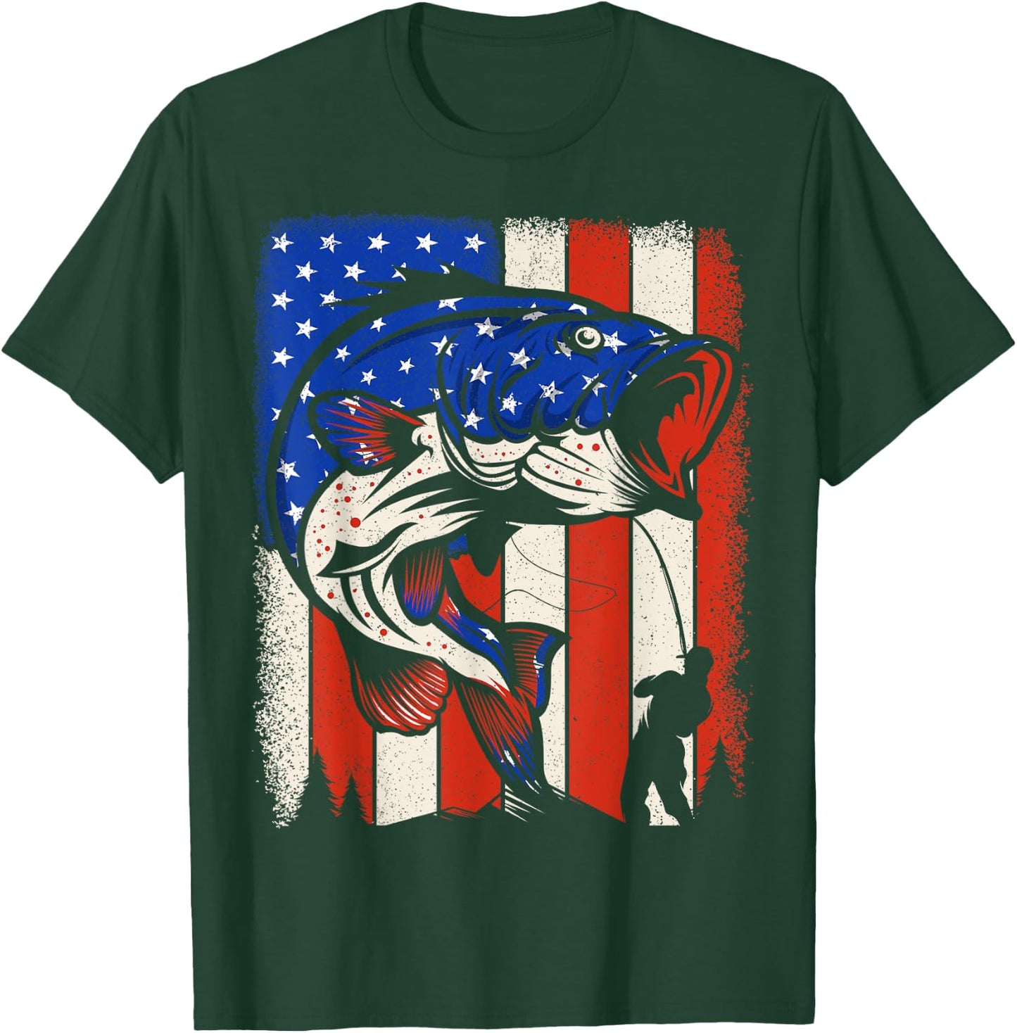 Men Bass Fishing American Flag Patriotic 4th of July Fishing T-Shirt - T-Shirt | Forest