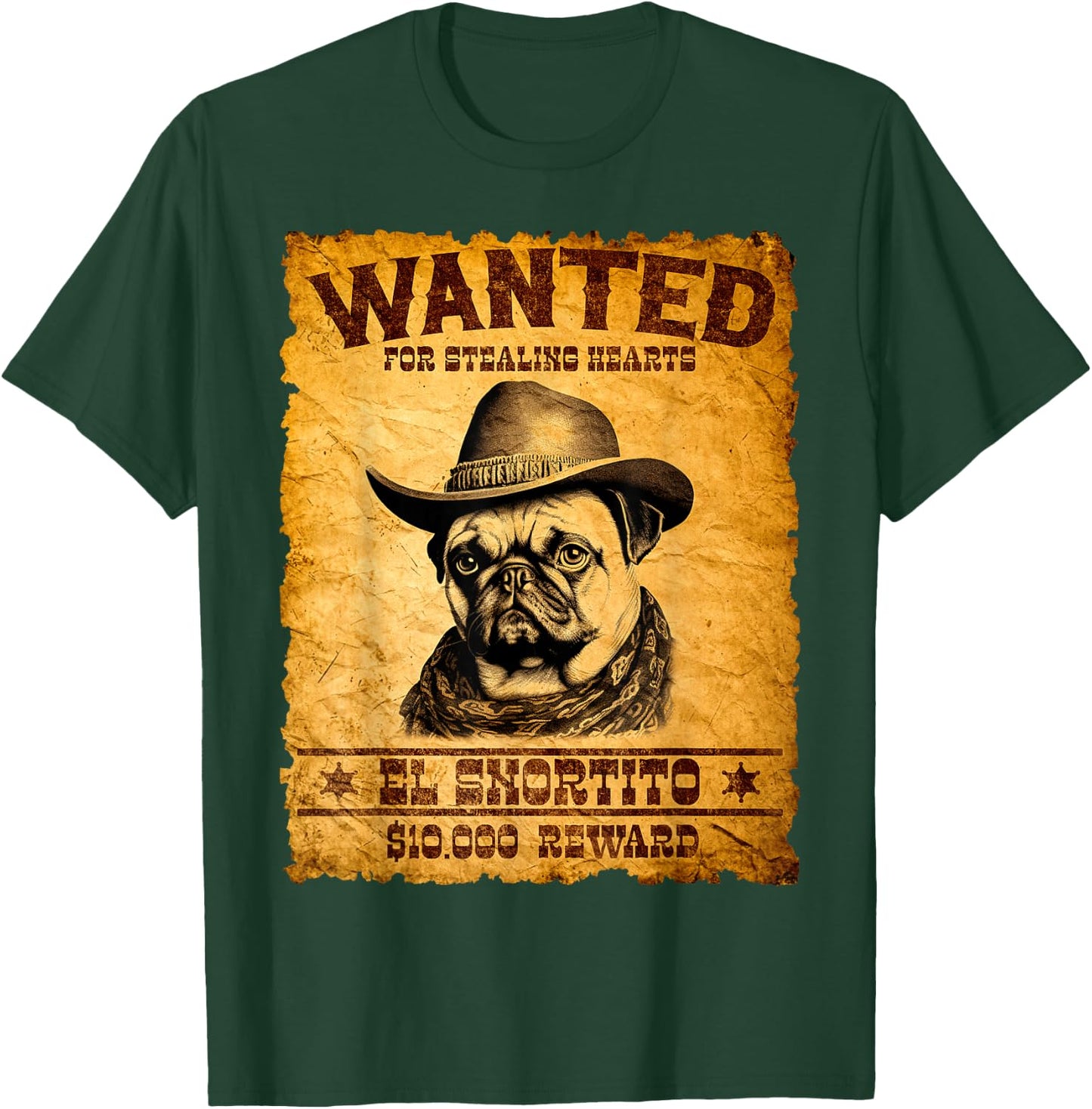 Funny Vintage Pug Wanted Poster Cute Western Cowboy Pug Dog T-Shirt - T-Shirt | Forest