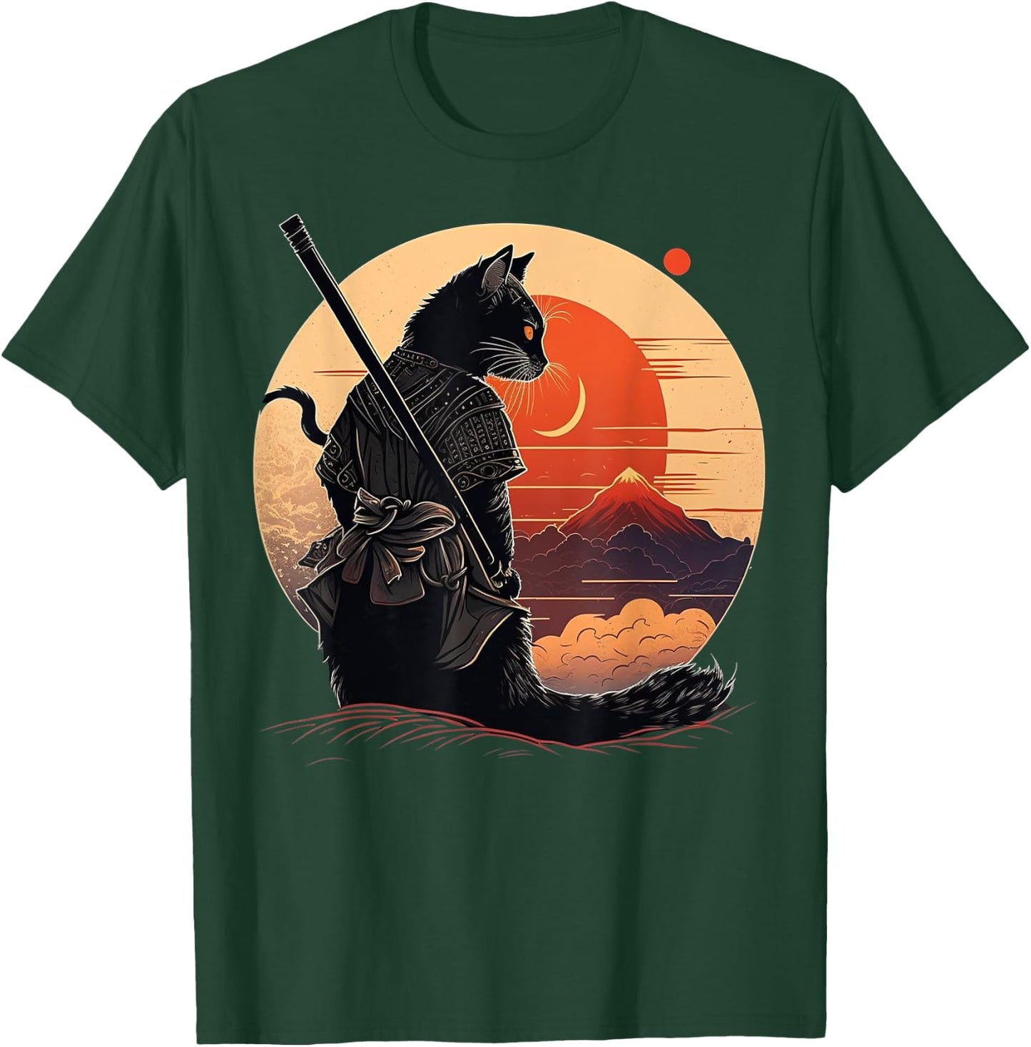 Vintage Japanese Sunset Style and samurai cat Kitten Lover Men Women Kids T-Shirt - T-Shirt | Forest