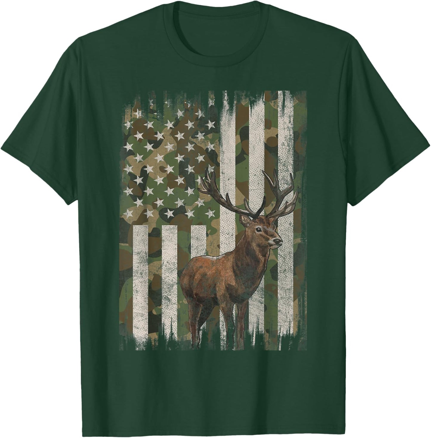 Deer Hunting Whitetail Camo American US Flag Elk Buck T-Shirt - T-Shirt | Forest