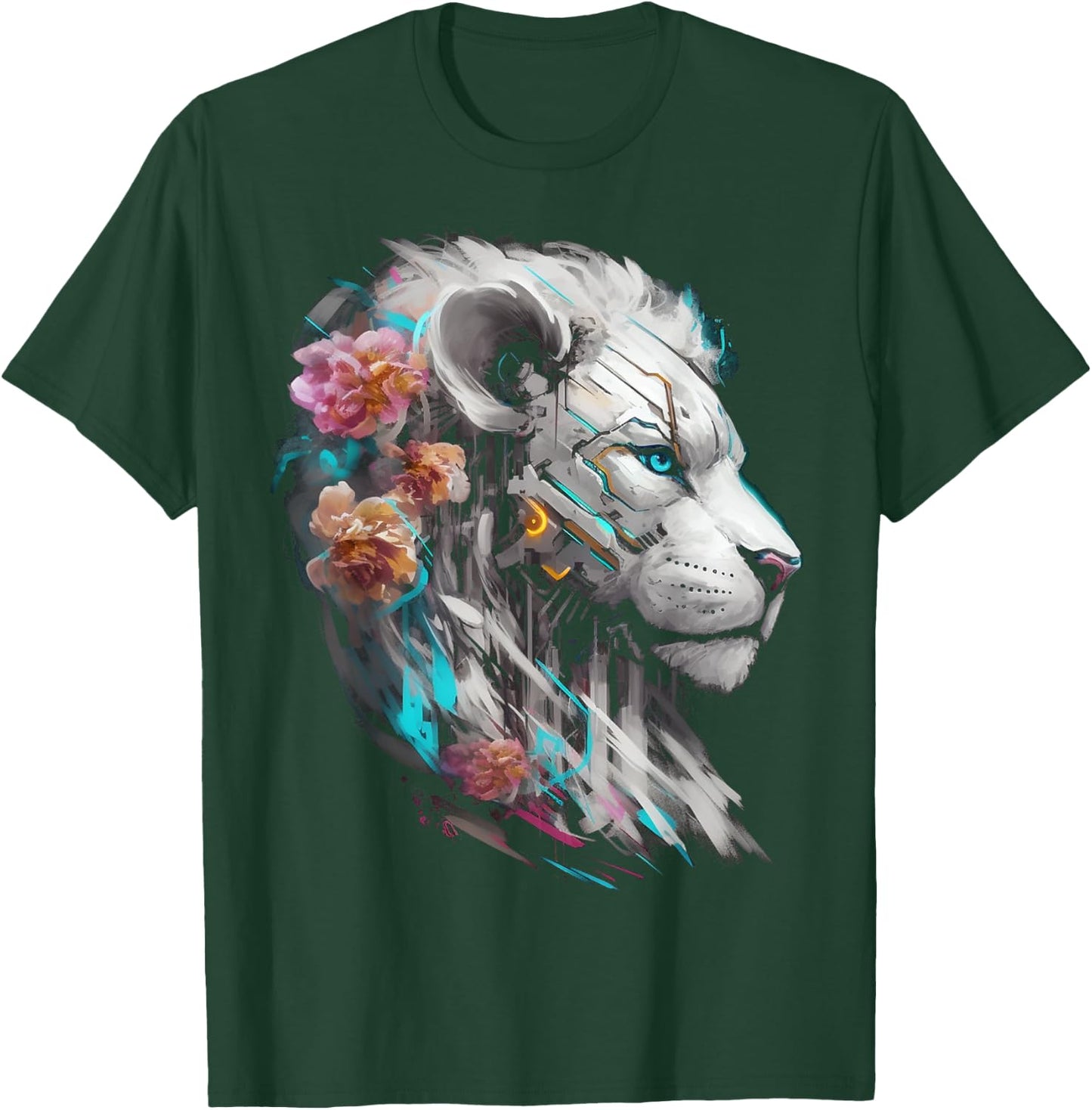 White Lion Fantasy Flowers Art - Blue Eyes Animal Lion T-Shirt - T-Shirt | Forest