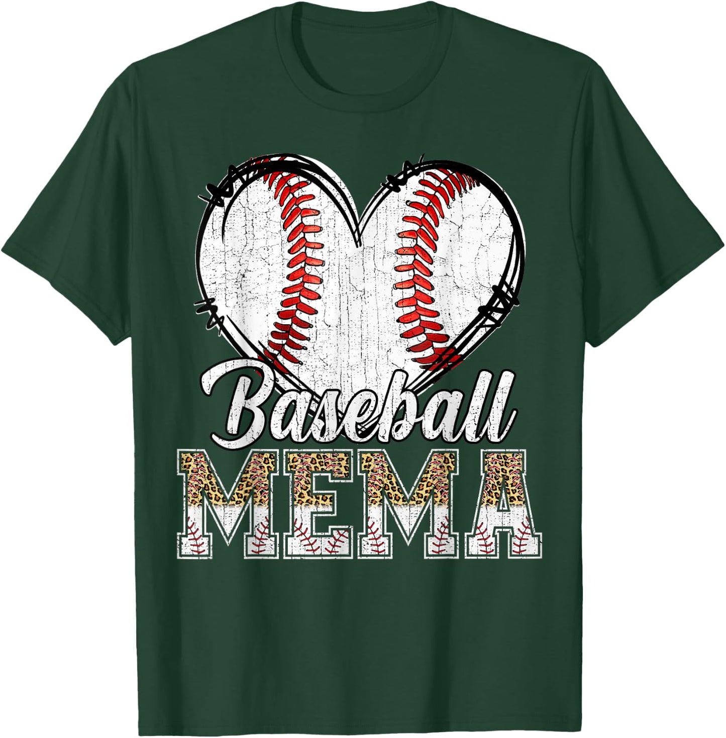 Softball Baseball Mema Heart Leopard Print Mother's Day T-Shirt - T-Shirt | Forest