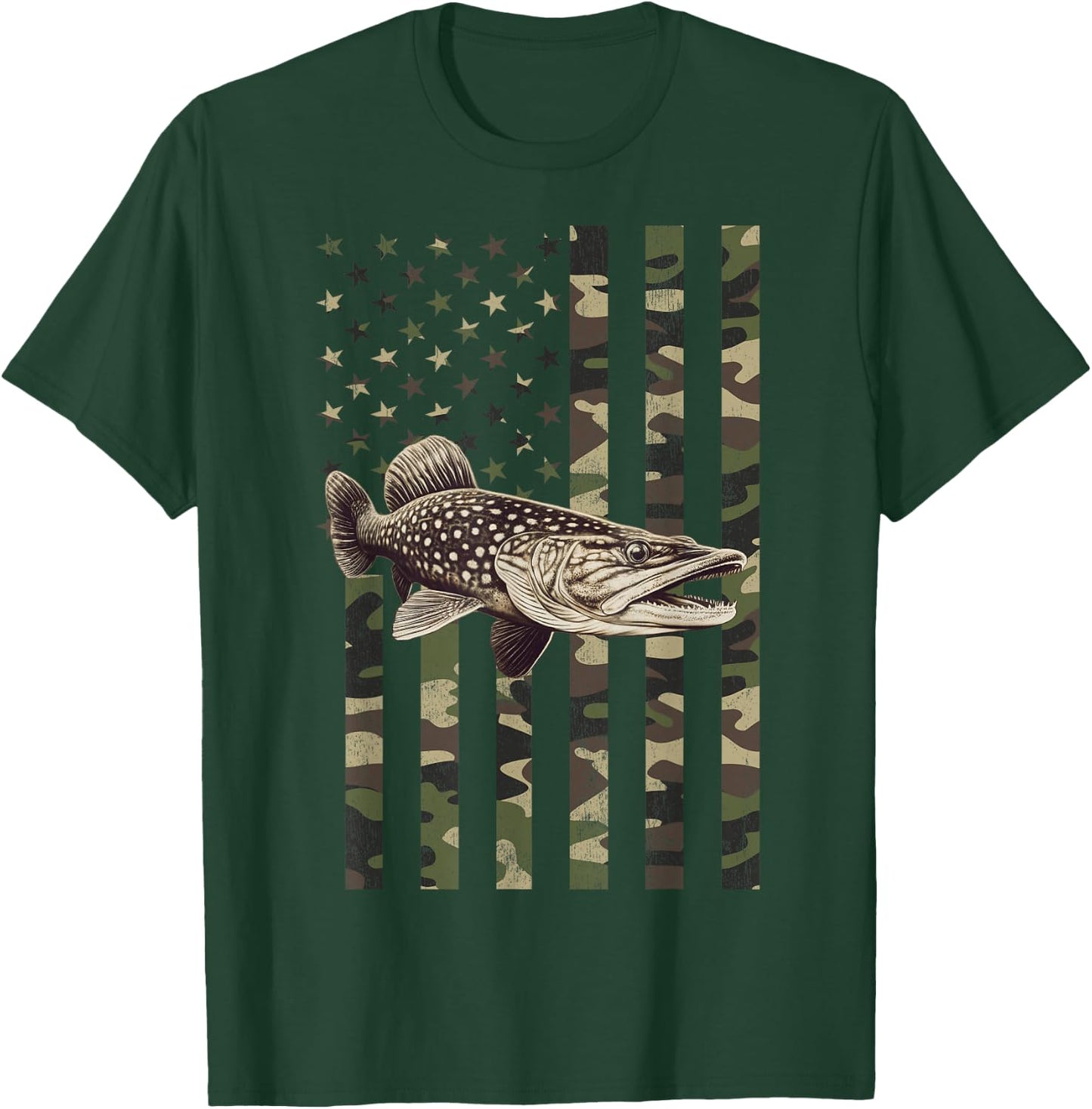 Northern Pike with Camo American Flag, Northern Pike T-Shirt - T-Shirt | Forest