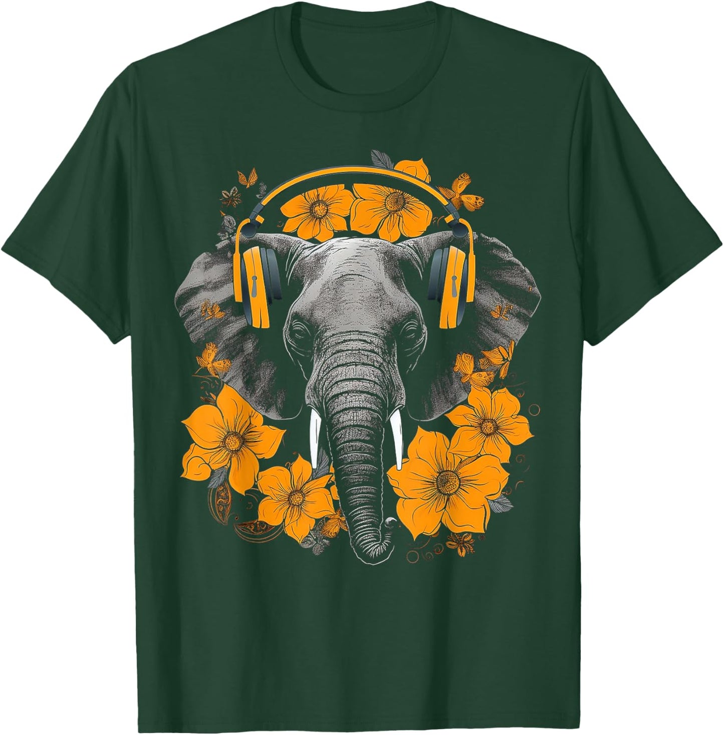 Elephant Headphones Artwork | Music Animal Flower Elephant T-Shirt - T-Shirt | Forest