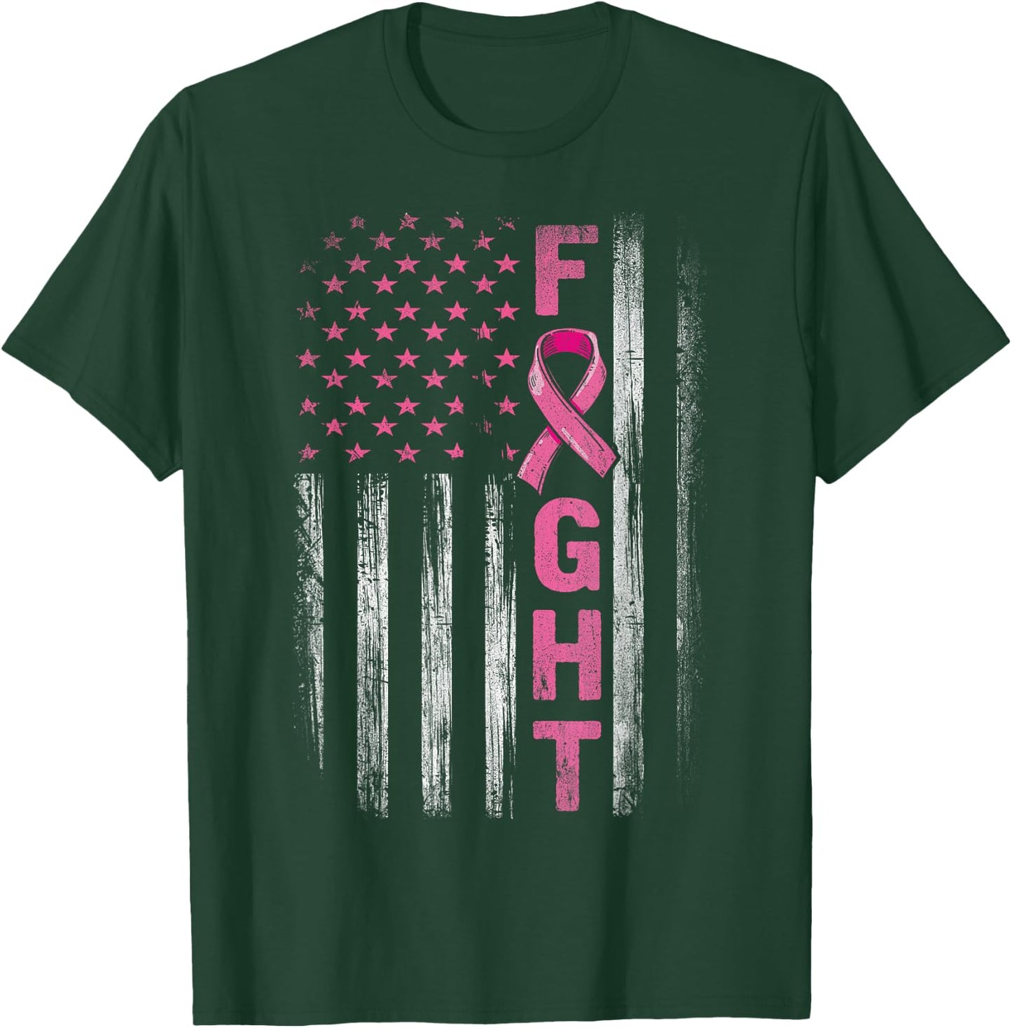 Fight Breast Survivor American Flag Breast Cancer Awareness T-Shirt - T-Shirt | Forest