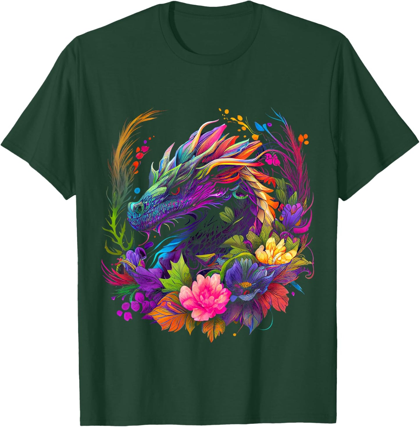 Watercolor Dragon Flowers Beautiful Art Colorful Graphic T-Shirt - T-Shirt | Forest