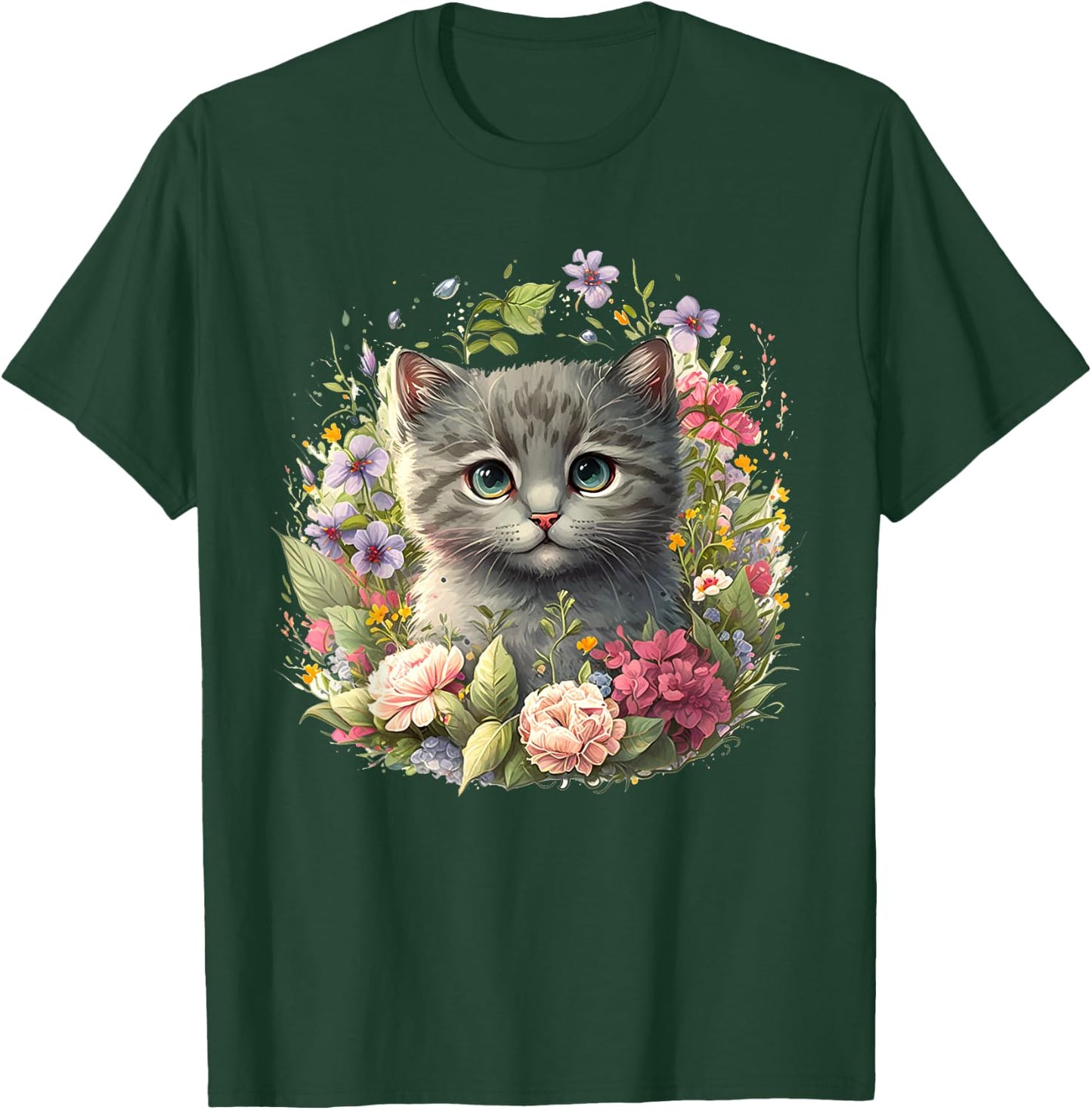 Adorable Cat, Cute Kitten Floral T-Shirt - T-Shirt | Forest