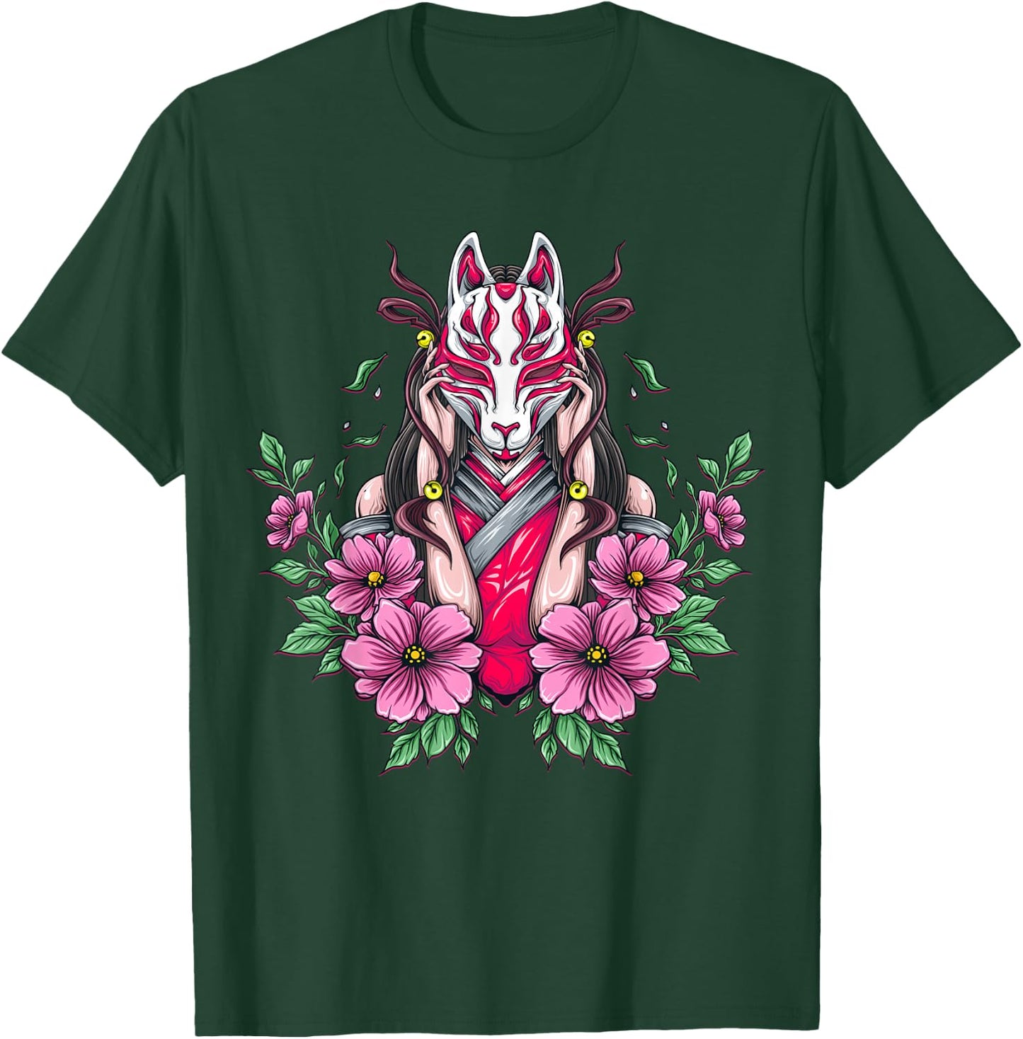 Woman with kitsune mask Nine Tailed Fox T-Shirt - T-Shirt | Forest