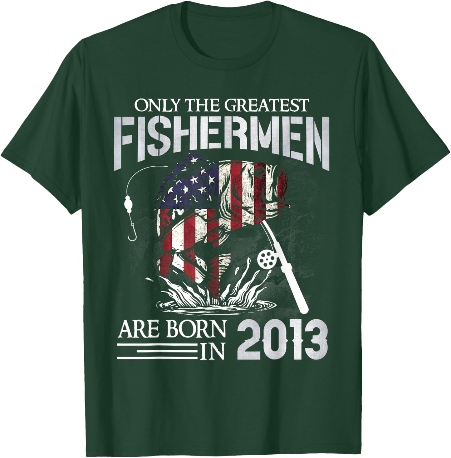 11th Birthday Fishermen USA Flag 11 Year Old Fishing Boy T-Shirt - T-Shirt | Forest