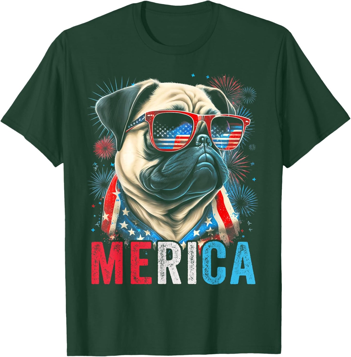 Pug Dog 4th of July American Flag America USA Merica Funny Kids Men T-Shirt - T-Shirt | Forest