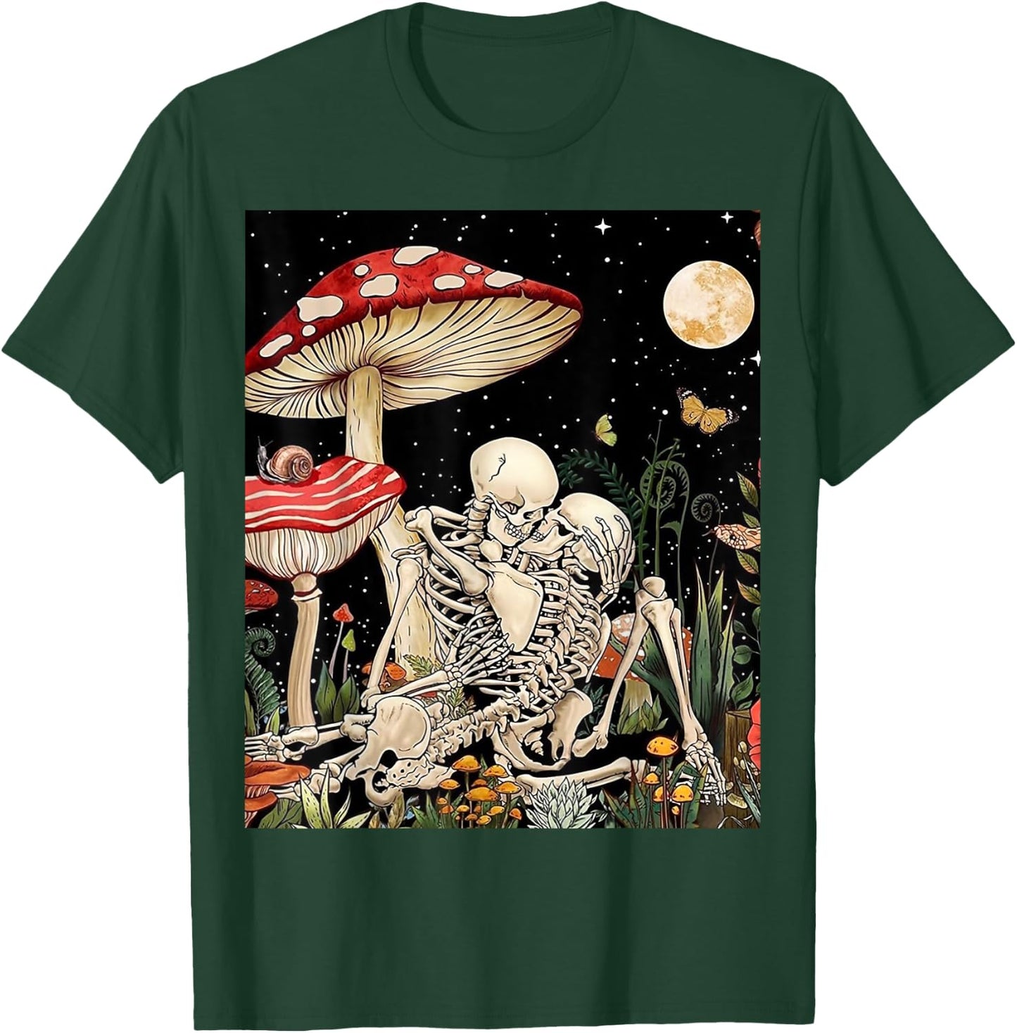 Boho Mushroom Retro Skeleton Couple Vintage Kiss Witchy Moth T-Shirt - T-Shirt | Forest