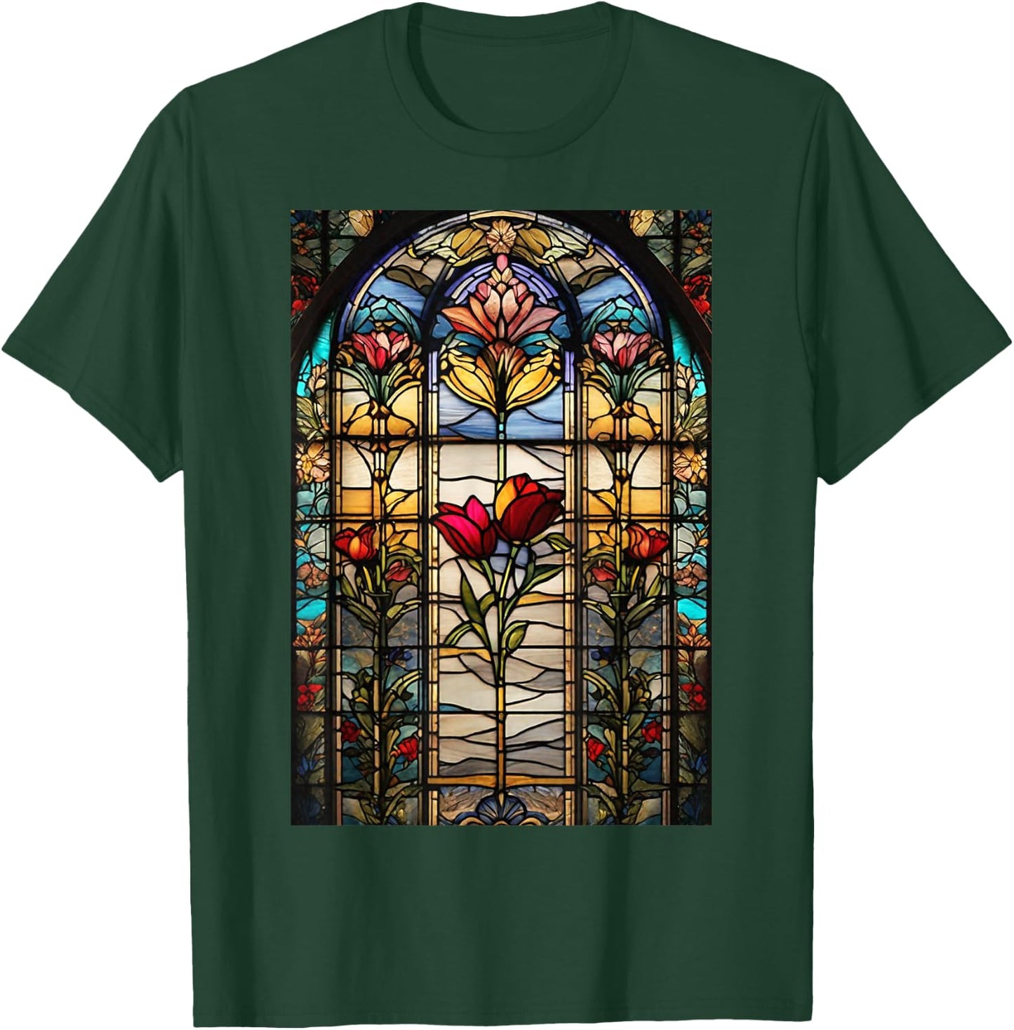 Stained-Glass Style Floral Art Flowers Surreal Print T-Shirt - T-Shirt | Forest