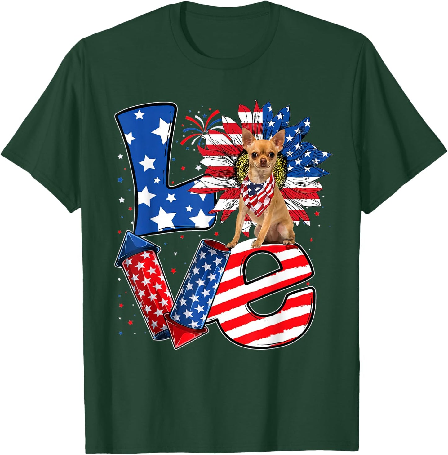 4th of July Decor Patriotic LOVE Chihuahua Dog USA Flag T-Shirt - T-Shirt | Forest