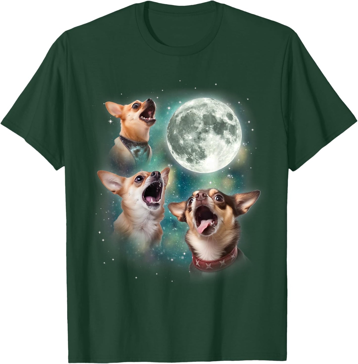Three Chihuahuas Howl at Moon | 3 Dogs Funny Wolves Parody T-Shirt - T-Shirt | Forest