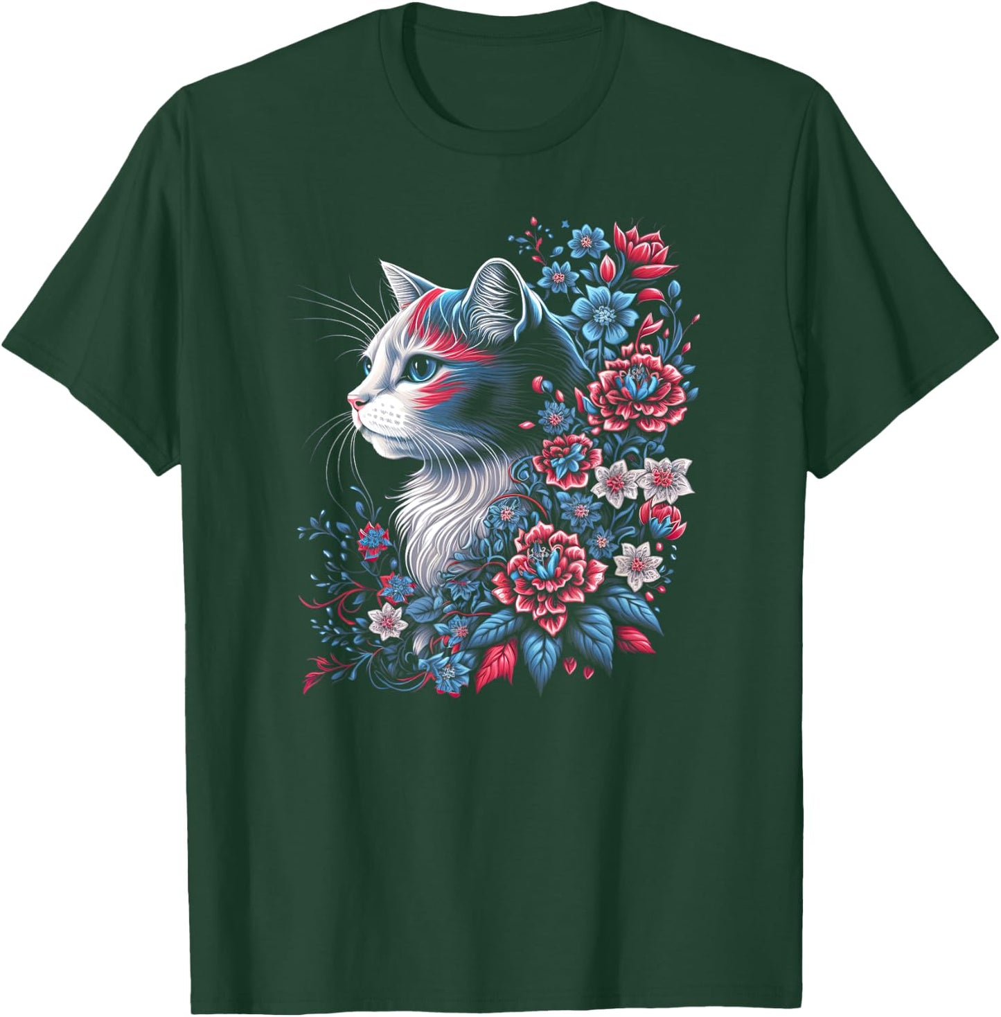 Floral Cat - Red White and Blue 4th of July Patriotic Women Kids Men T-Shirt - T-Shirt | Forest