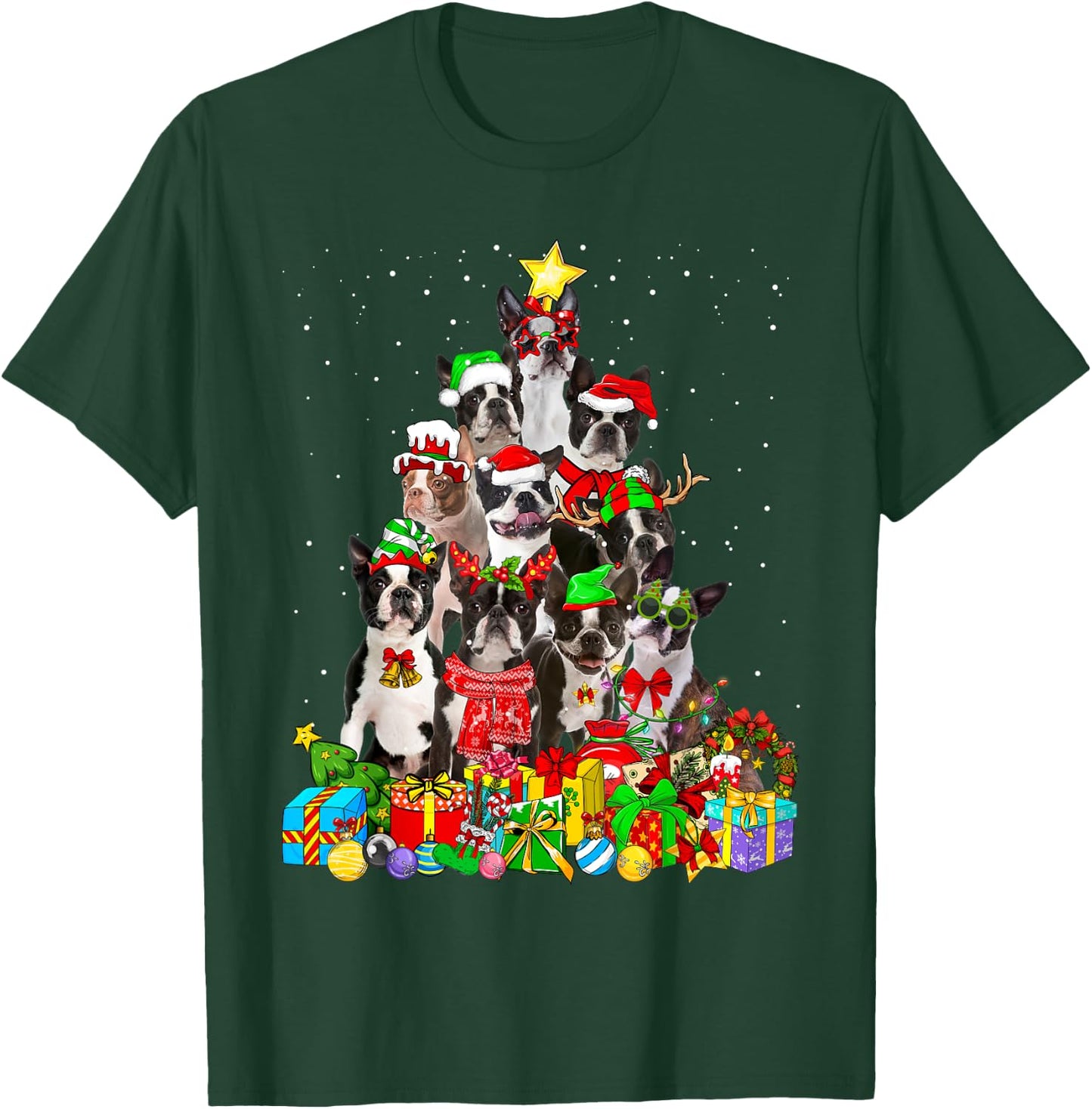 Funny Boston Terrier Dog Christmas Tree Lights Xmas Pajama Women Kids T-Shirt - T-Shirt | Forest