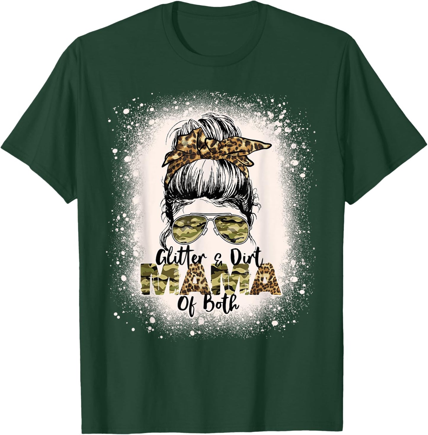 Glitter & Dirt Mama Of Both Leopard Camo Messy Bun Bleached T-Shirt - T-Shirt | Forest