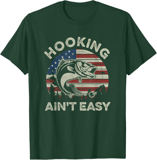 Hooking Ain't Easy Vintage Funny Fishing Fisherman USA Flag T-Shirt - T-Shirt | Forest